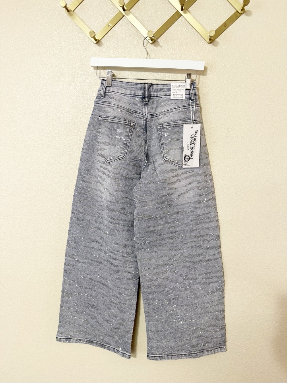 Nina Rossi Wavy Zebra Tiger Stripe Crystal Jeans in Light Grey Wash size medium - Picture 4 of 9